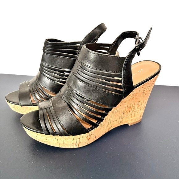 Franco Sarto Sharp Sandals Faux Black Leather Platform Cork Wedge Slingback 8.5 - Picture 1 of 13